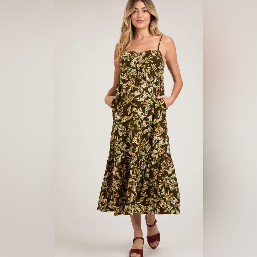 PinkBlush Brown Floral Sleeveless Front Cinched Maternity Midi Dress